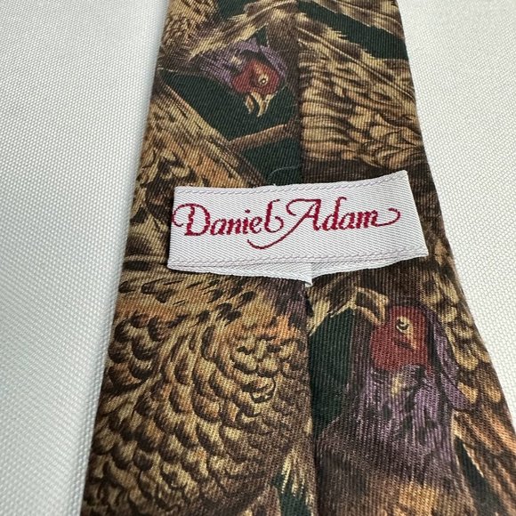 Vintage Daniel Adam Slim Narrow Tie Dark Brown Green Bird Picture Pattern Fancy - Picture 2 of 5